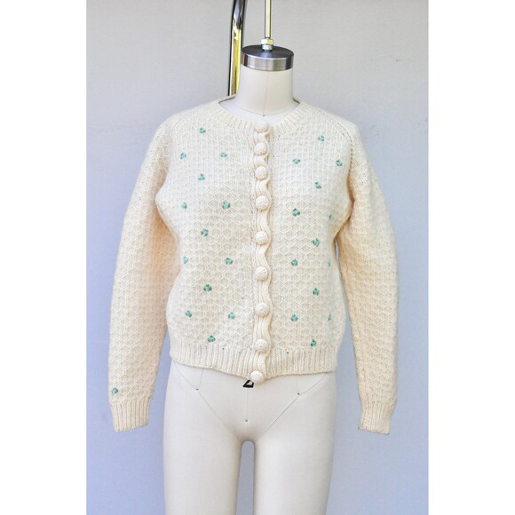 50s WOOL Floral Embroidered Cardigan GORGEOUs Little Bue Flowers Chunky XS - S - Picture 6 of 10